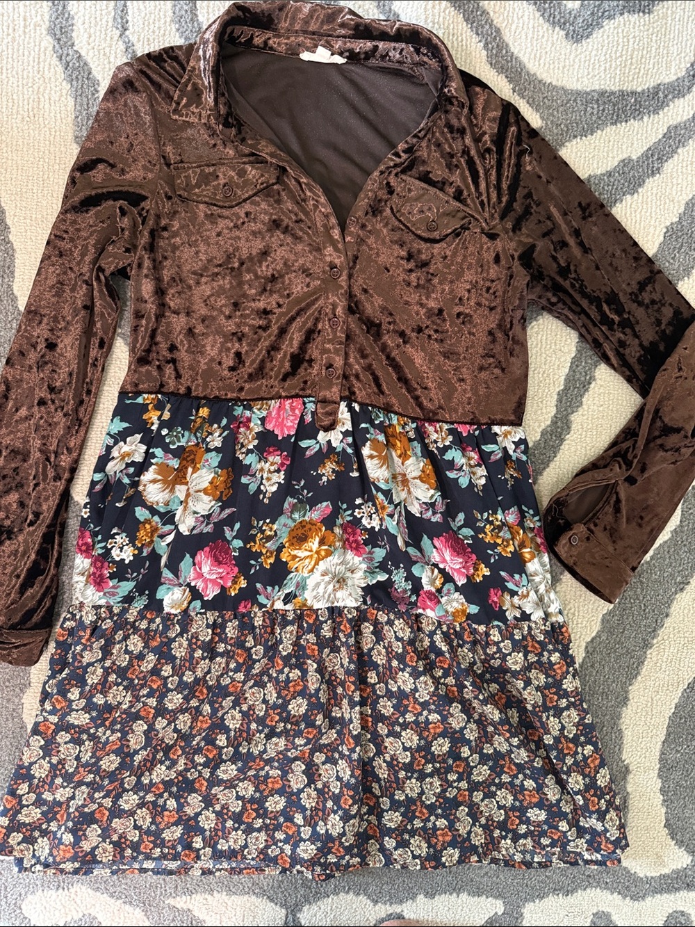ODDY Brown Velvet Bodice Floral Tiered Long Sleeve Dress